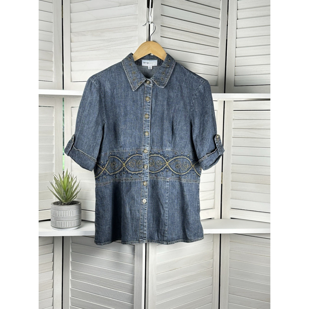 Vintage Lana Sport Denim Tunic Women's Embroidered Shirt Size 14 Western Boho